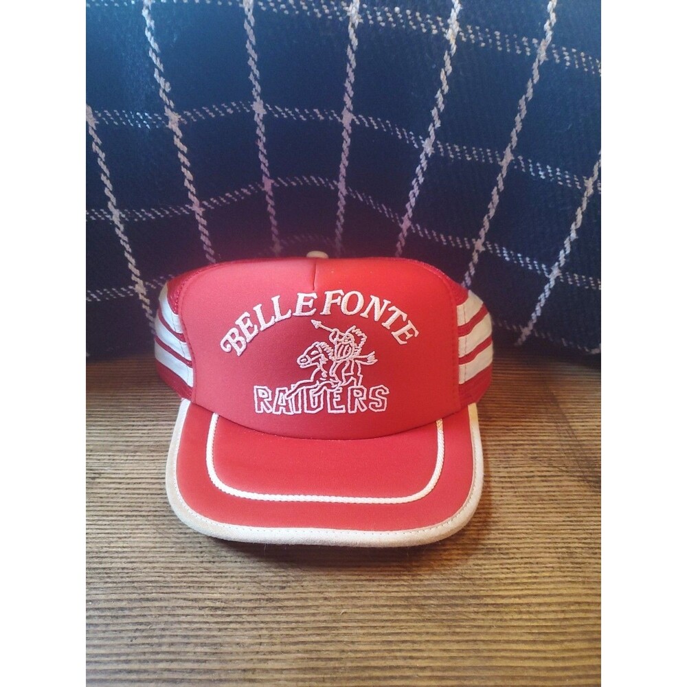 Vtg 3 Stripe Red White Mesh Snapback Trucker Hat Bellefonte Raiders Nissin